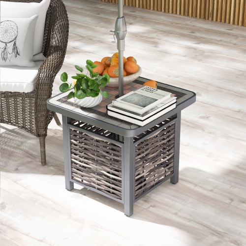 Gymax 21.5 Inches Outdoor PE Rattan Side Table w/ Resin Tabletop Umbrella Hole