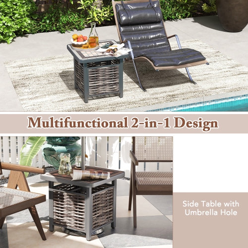 Gymax 21.5 Inches Outdoor PE Rattan Side Table w/ Resin Tabletop Umbrella Hole