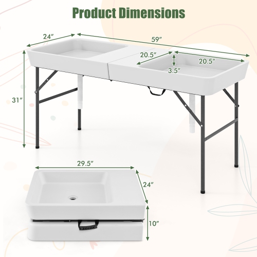 Gymax 5 FT Foldable Ice Table w/Double-Sink Detachable Table Skirt Chilling Table