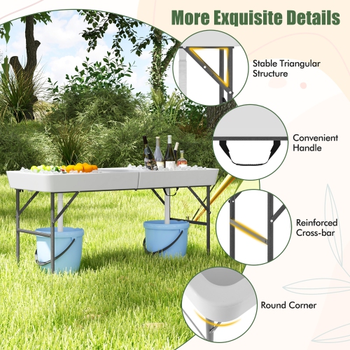 Gymax 5 FT Foldable Ice Table w/Double-Sink Detachable Table Skirt Chilling Table