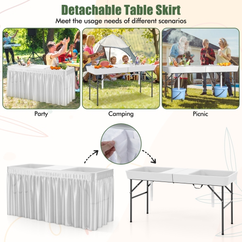 Gymax 5 FT Foldable Ice Table w/Double-Sink Detachable Table Skirt Chilling Table
