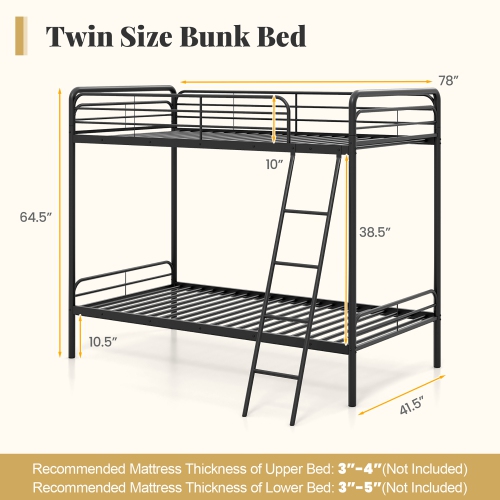 Gymax Twin Over Twin Bunk Bed Heavy Duty Metal Bunk Bed w/ Ladder Safety Guardrails