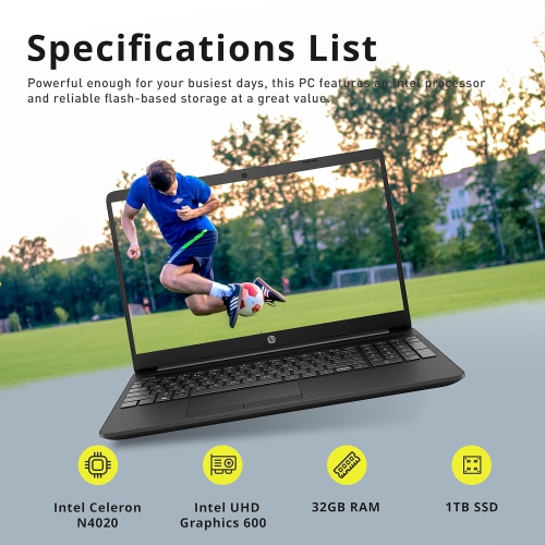 Refurbished - HP 15.6" Anti-Glare FHD Business Laptop, Intel Celeron N4020, 1TB SSD, 32GB RAM, Intel UHD Graphics, Webcam, Fast Charge, Windows 10,