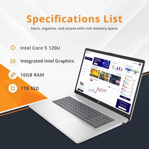 Refurbished - HP 17.3" FHD Business Laptop, Intel Core 5 120U, 1TB PCIe SSD, 16GB RAM, Intel Graphics, Backlit Keyboard, Bluetooth, Windows 11 Home,