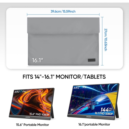 ARZOPA 16.1" Portable Monitor Sleeve Bag, PU Leather Case, Grey