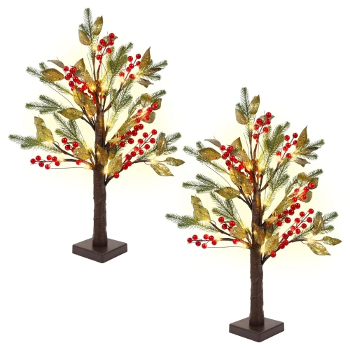 NIERBO  2 Pack Christmas Tree Decoration, Small Trees w Lights for Table, 24″ Pre-Lit Artificial Christmas Tree Battery Operated w Berries Gold