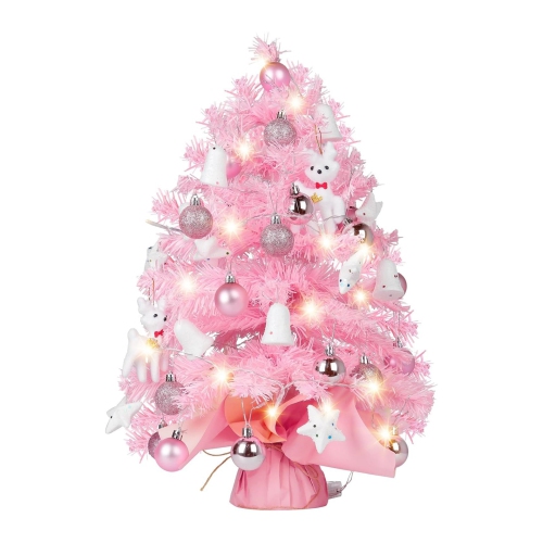 Small Christmas Tree with Lights, 2FT Mini Pink Christmas Tree, Tabletop Artificial Xmas Tree with Star Treetopper, LED String Light & Hanging Orname