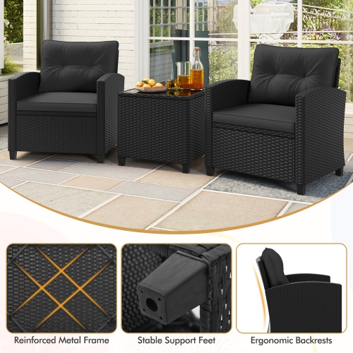 Gymax 3 PCS Patio Furniture Set w/Tempered Glass Coffee Table Washable Cushions Black