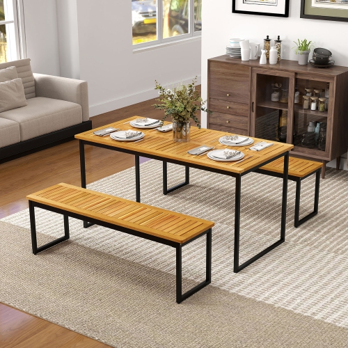 Gymax 2PCS 51'' Wooden Outdoor Bench Patio Dining Bench w/Acacia Wood Seat Natural