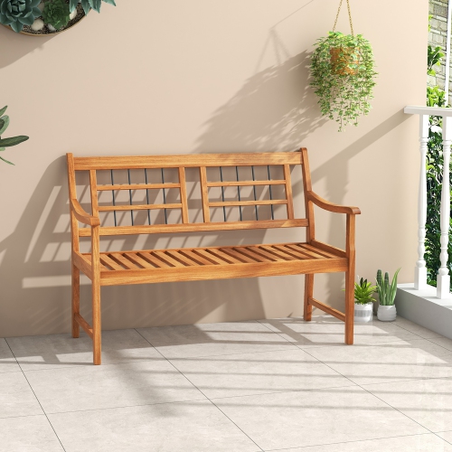Gymax Outdoor Acacia Wood Bench 2-Person Patio Bench w/ Slatted Seat & Backrest