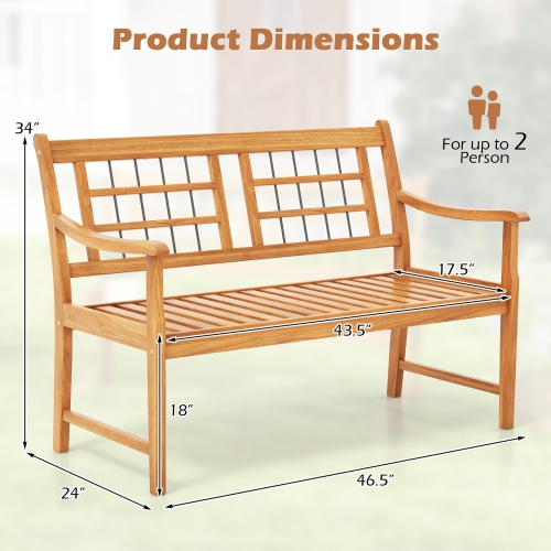 Gymax Outdoor Acacia Wood Bench 2-Person Patio Bench w/ Slatted Seat & Backrest