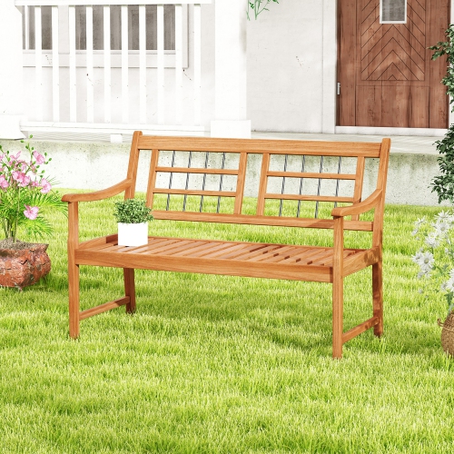 Gymax Outdoor Acacia Wood Bench 2-Person Patio Bench w/ Slatted Seat & Backrest