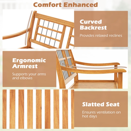 Gymax Outdoor Acacia Wood Bench 2-Person Patio Bench w/ Slatted Seat & Backrest