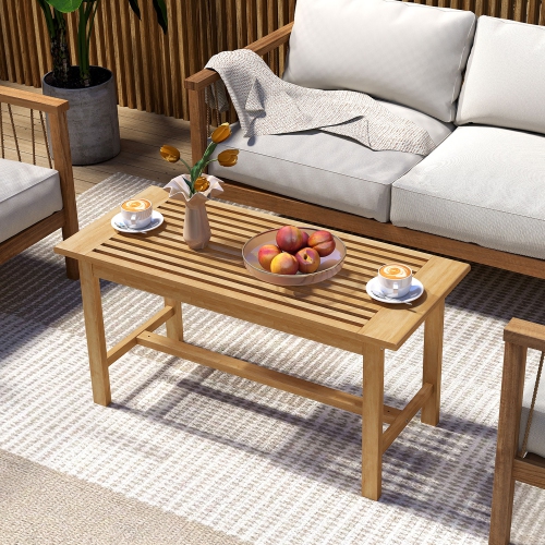 Gymax 36''Patio Coffee Table Solid Wood Coffee Table w/ Slatted Tabletop Natural