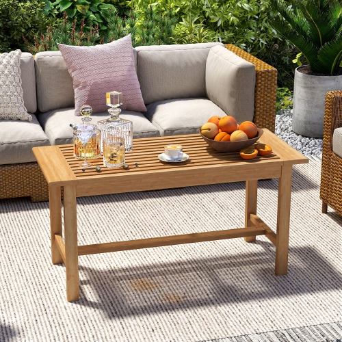 Gymax 36''Patio Coffee Table Solid Wood Coffee Table w/ Slatted Tabletop Natural