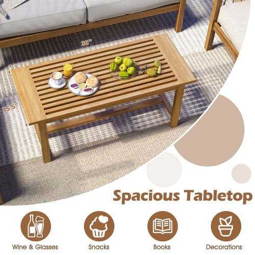 Gymax 36''Patio Coffee Table Solid Wood Coffee Table w/ Slatted Tabletop Natural