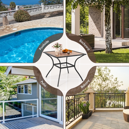Gymax Patio Table for 4 People w/ Umbrella Hole Wood-Like Tabletop Metal Support Legs