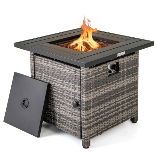 Gymax 29'' Propane Rattan Firepit Table w/ Lava Rocks & Protective Cover Metal Frame