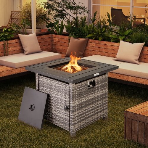Gymax 29'' Propane Rattan Firepit Table w/ Lava Rocks & Protective Cover Metal Frame