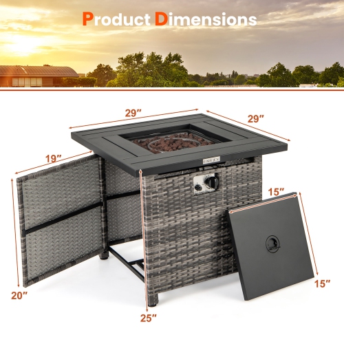 Gymax 29'' Propane Rattan Firepit Table w/ Lava Rocks & Protective Cover Metal Frame