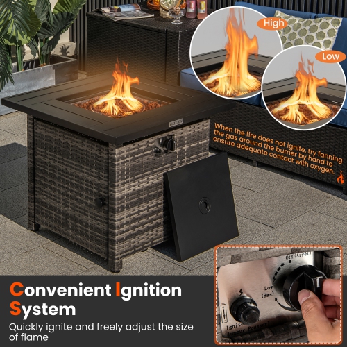 Gymax 29'' Propane Rattan Firepit Table w/ Lava Rocks & Protective Cover Metal Frame