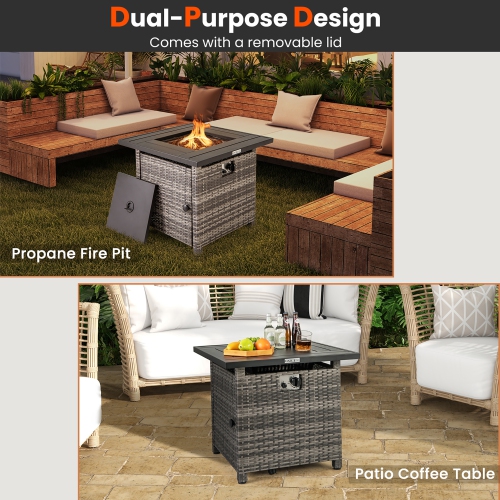 Gymax 29'' Propane Rattan Firepit Table w/ Lava Rocks & Protective Cover Metal Frame