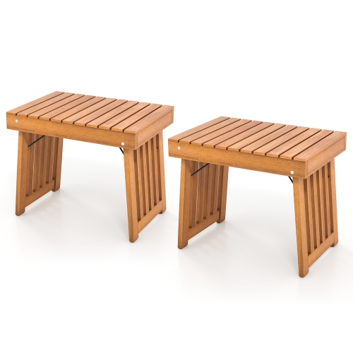 Gymax 2PCS Outdoor Folding Side Table Patio Acacia Wood End Table w/ Slatted Tabletop