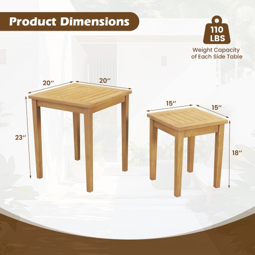 Gymax 2 PCS Patio Nesting Table Teak Wood Outdoor Space Saving Design Square End Table