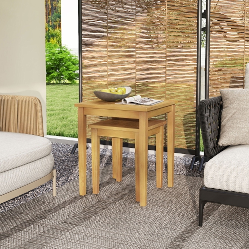 Gymax 2 PCS Patio Nesting Table Teak Wood Outdoor Space Saving Design Square End Table