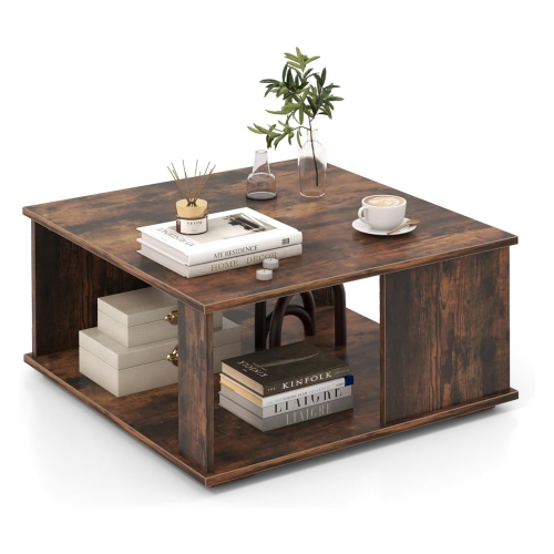 NIERBO  Square Coffee Table, Rustic Cocktail Table \w Storage Shelf, Industrial Tea Table \w L-Beam Structure, 2 Tier Farmhouse Center Table, Wooden