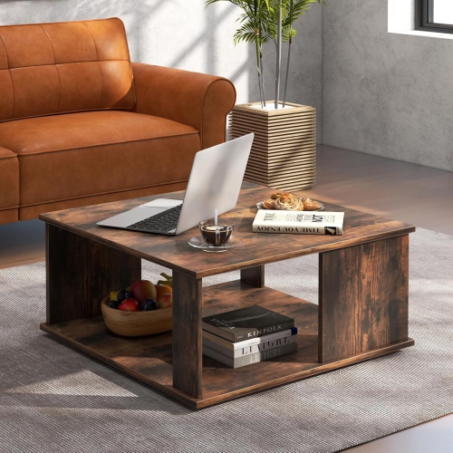 Square Coffee Table, Rustic Brown Cocktail Table with Storage Shelf, Industrial Tea Table with L-Beam Structure, 2 Tier Farmhouse Center Table,
