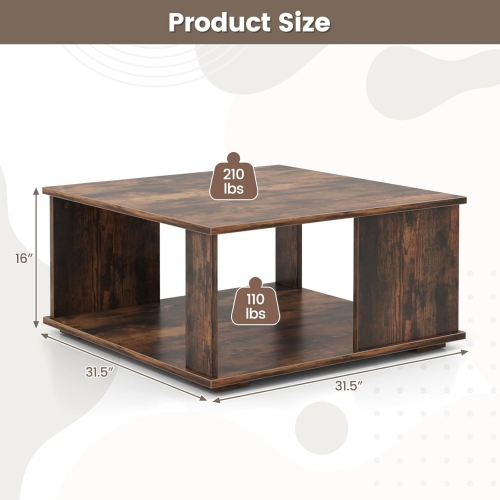 Square Coffee Table, Rustic Brown Cocktail Table with Storage Shelf, Industrial Tea Table with L-Beam Structure, 2 Tier Farmhouse Center Table,