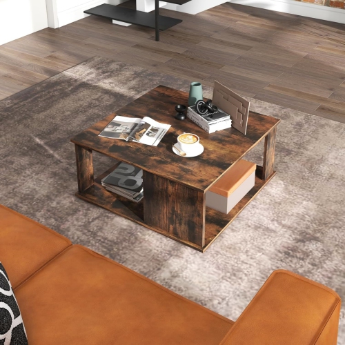 Square Coffee Table, Rustic Brown Cocktail Table with Storage Shelf, Industrial Tea Table with L-Beam Structure, 2 Tier Farmhouse Center Table,