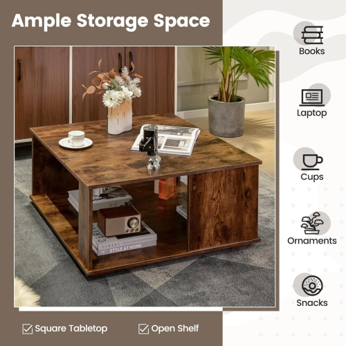 Square Coffee Table, Rustic Brown Cocktail Table with Storage Shelf, Industrial Tea Table with L-Beam Structure, 2 Tier Farmhouse Center Table,