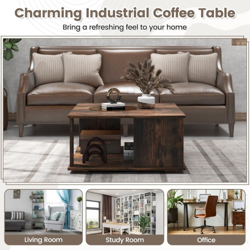 Square Coffee Table, Rustic Brown Cocktail Table with Storage Shelf, Industrial Tea Table with L-Beam Structure, 2 Tier Farmhouse Center Table,