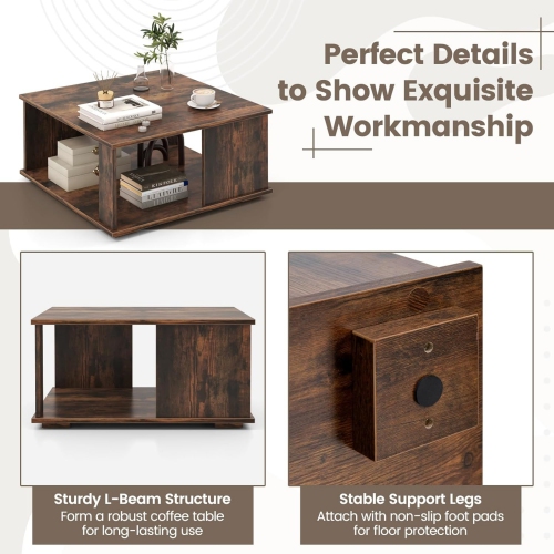 Square Coffee Table, Rustic Brown Cocktail Table with Storage Shelf, Industrial Tea Table with L-Beam Structure, 2 Tier Farmhouse Center Table,