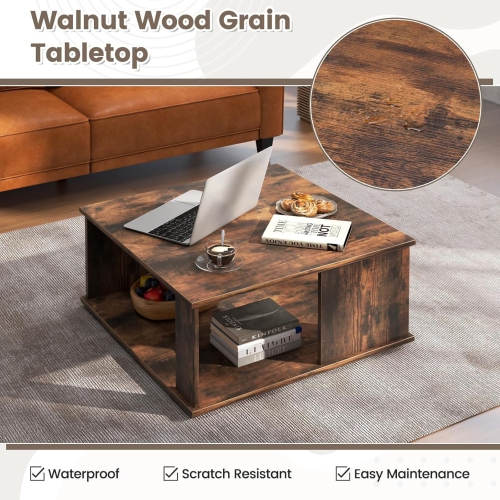 Square Coffee Table, Rustic Brown Cocktail Table with Storage Shelf, Industrial Tea Table with L-Beam Structure, 2 Tier Farmhouse Center Table,