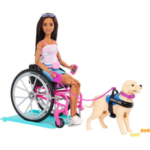 BARBIE  Doll & Playset With Service Dog Wheelchair, Ramp & Accessories, Brunette Fashion Doll In Removable Outfit In Pink