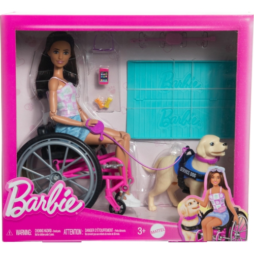 Barbie Doll & Playset with Service Dog, Pink Wheelchair, Ramp & Accessories, Brunette Fashion Doll in Removable Outfit
