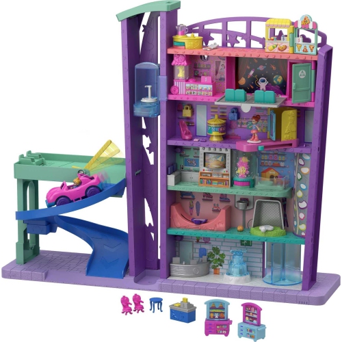 Ensemble de jeu Polly Pocket avec 3 micropoupées, 1 voiture jouet, nourriture et accessoires de magasinage, jouet du centre commercial Pollyville Mega