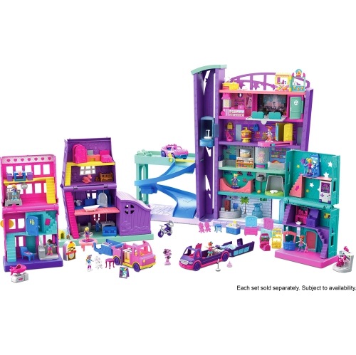 Ensemble de jeu Polly Pocket avec 3 micropoupées, 1 voiture jouet, nourriture et accessoires de magasinage, jouet du centre commercial Pollyville Mega