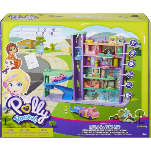 Ensemble de jeu Polly Pocket avec 3 micropoupées, 1 voiture jouet, nourriture et accessoires de magasinage, jouet du centre commercial Pollyville Mega