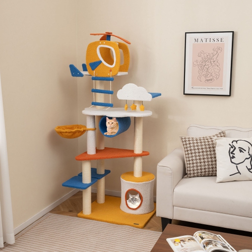 Gymax 70'' Tall Aviation-themed Cat Tree w/ Helicopter Top Perch Platforms Basket Bed