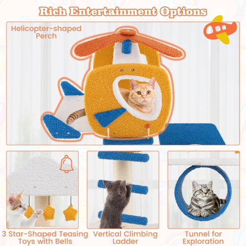 Gymax 70'' Tall Aviation-themed Cat Tree w/ Helicopter Top Perch Platforms Basket Bed
