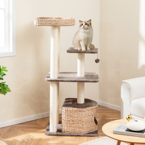 Gymax 52'' Cattail Cat Tower w/ Sisal Scratching Posts Perch Dangling Ball Cat Tree