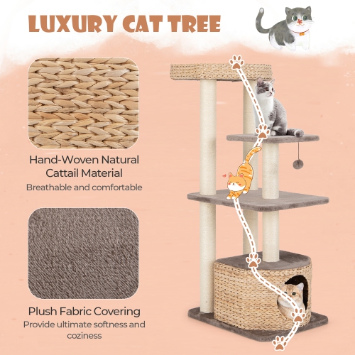 Gymax 52'' Cattail Cat Tower w/ Sisal Scratching Posts Perch Dangling Ball Cat Tree