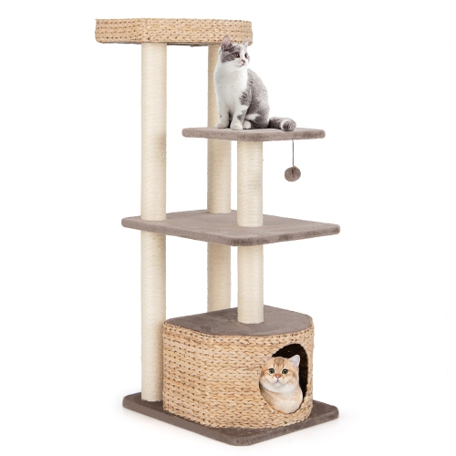 Gymax 52'' Cattail Cat Tower w/ Sisal Scratching Posts Perch Dangling Ball Cat Tree