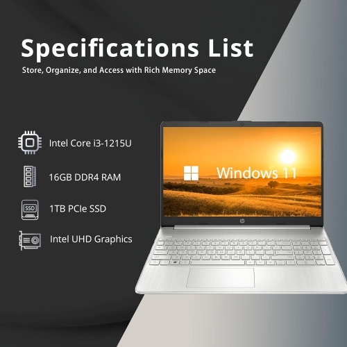 HP 15.6" FHD Laptop, Intel Core i3-1215U, 1TB PCIe SSD, 16GB RAM, Intel UHD Graphics, Numeric Keypad, HD Camera, Bluetooth, Windows 11, Silver by HP - Open Box condition - Image 2