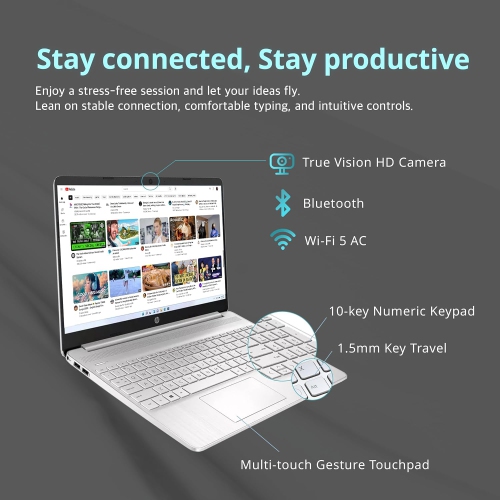 HP 15.6" FHD Laptop, Intel Core i3-1215U, 512GB PCIe SSD, 16GB RAM, Intel UHD Graphics, Numeric Keypad, HD Camera, Bluetooth, Windows 11, Silver by HP - Open Box condition - Image 4