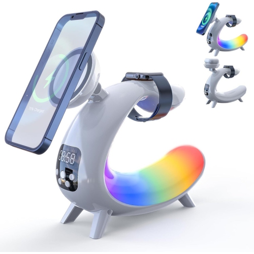 6 in 1 Wireless Charging Station, 15W Fast Magnetic Wireless Charger Stand, Night Light Clock Bluetooth Speaker Loud Bedroom Sleep Ambient Light